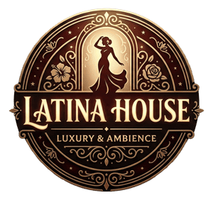 Latina House Logo mit eleganter Frau und Blumen, Luxus und Ambiente.