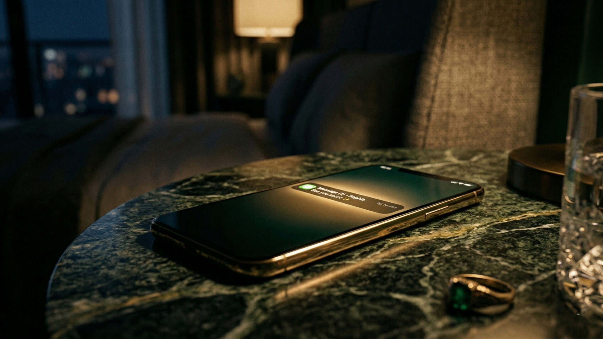 Noble Atlas Smartphone liegt auf einem Nachttisch im dunklen Schlafzimmer.