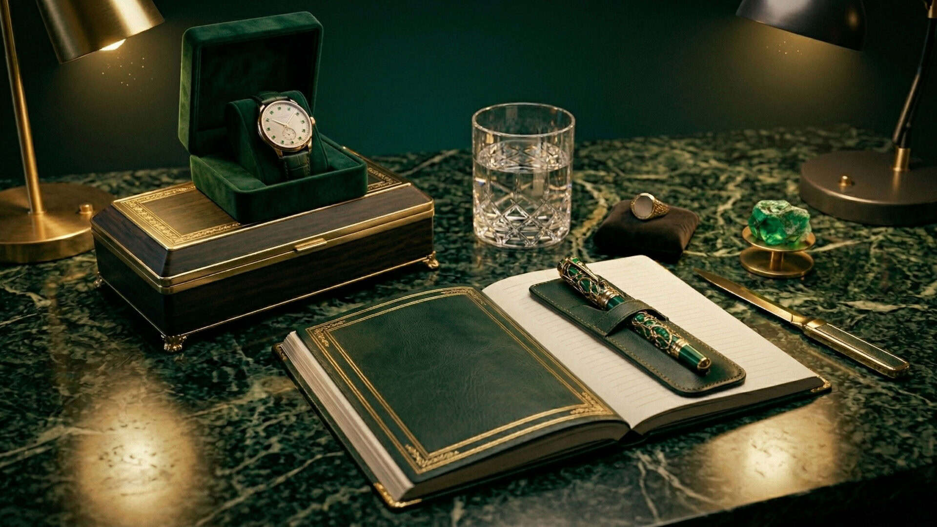 Hochwertiges Schreibset mit Uhr, Notizbuch und Stift für professionelle Profile.