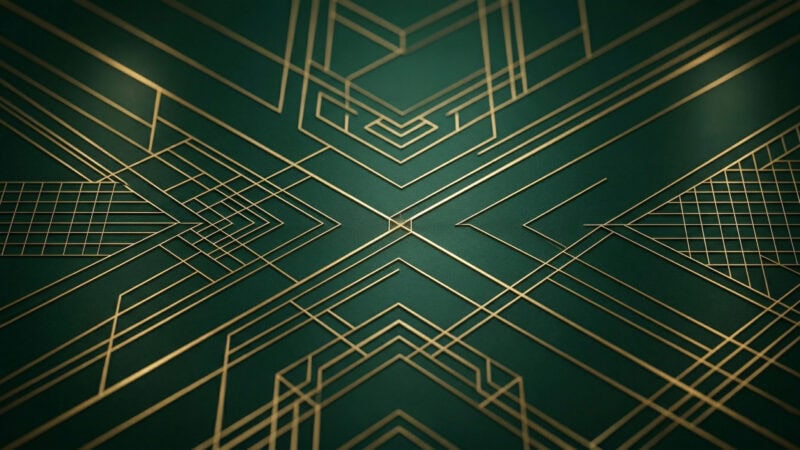 Modernes geometrisches Muster mit goldenen Linien auf dunklem Hintergrund.