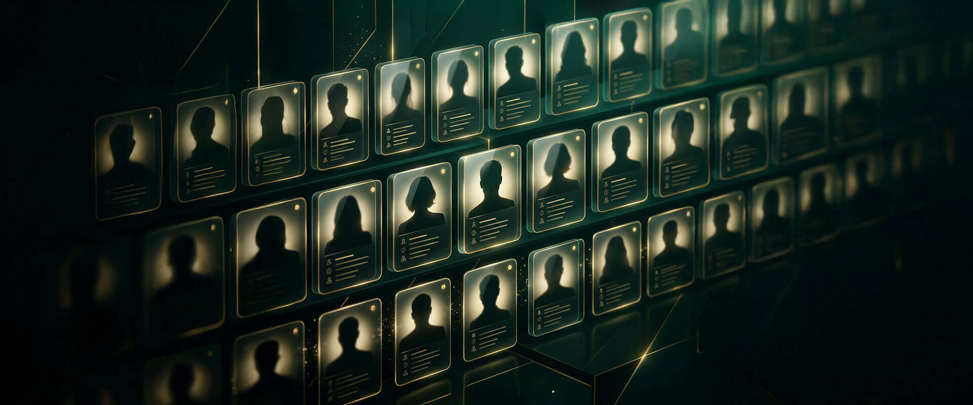 Team-Profile an der Wand mit beleuchteten Silhouetten und Namen.