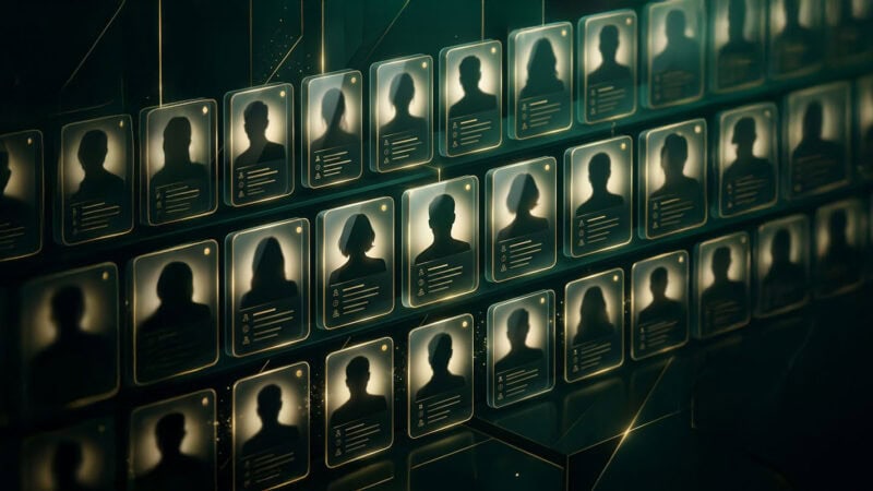 Team-Profile an der Wand mit beleuchteten Silhouetten und Namen.