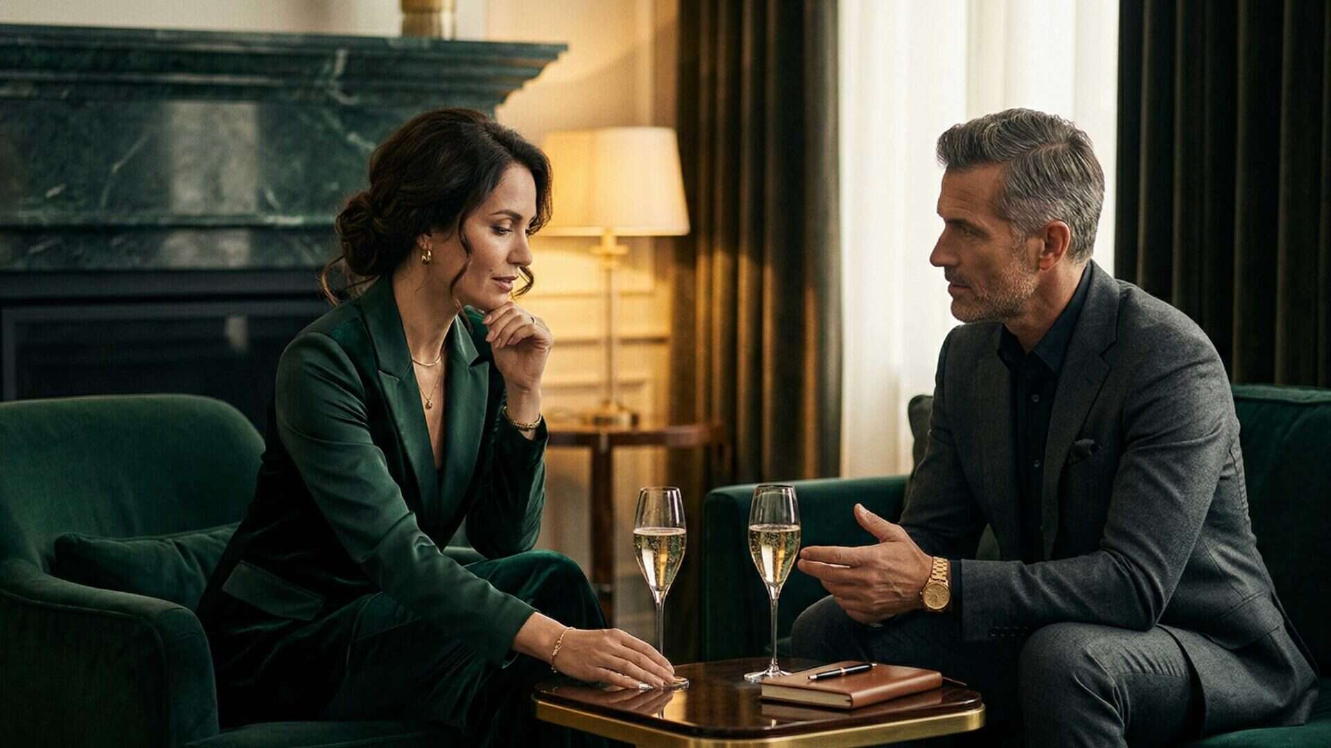 Zwei Menschen im Gespräch bei Noble Atlas, Beratungsszene in eleganter Umgebung.