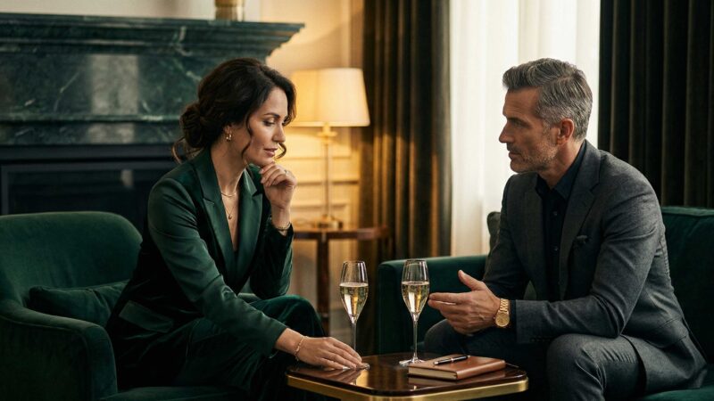 Zwei Menschen im Gespräch bei Noble Atlas, Beratungsszene in eleganter Umgebung.