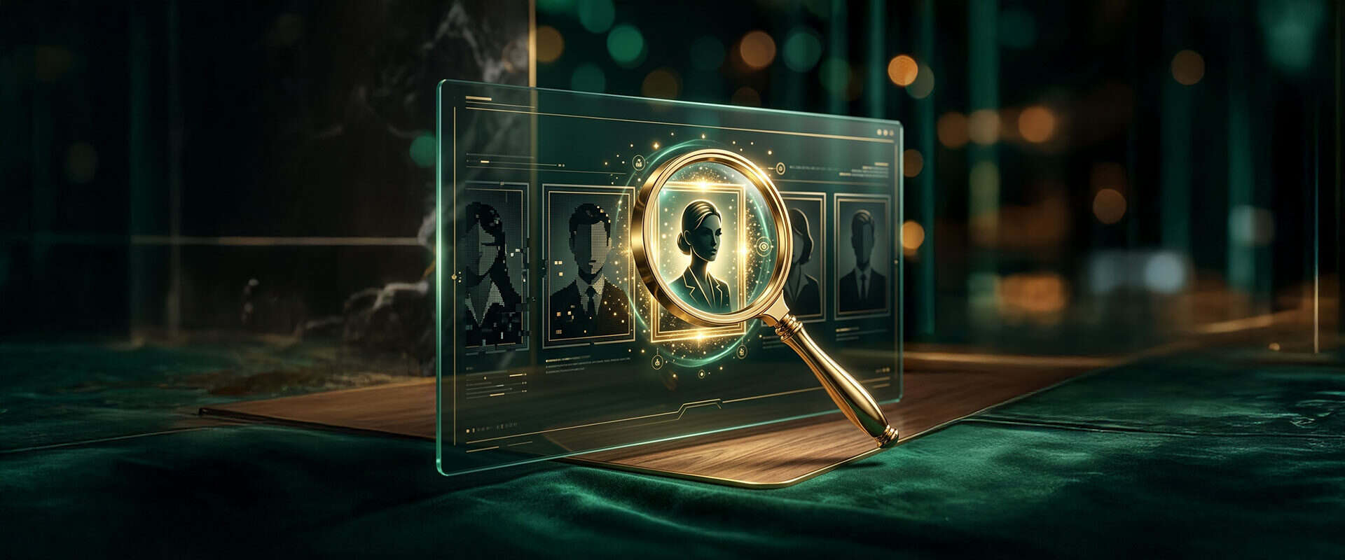 Virtuelle Personensuche mit Lupe und Profilbildern, innovative Technologie.