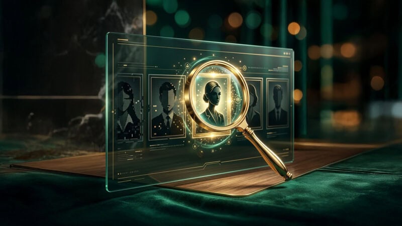 Virtuelle Personensuche mit Lupe und Profilbildern, innovative Technologie.