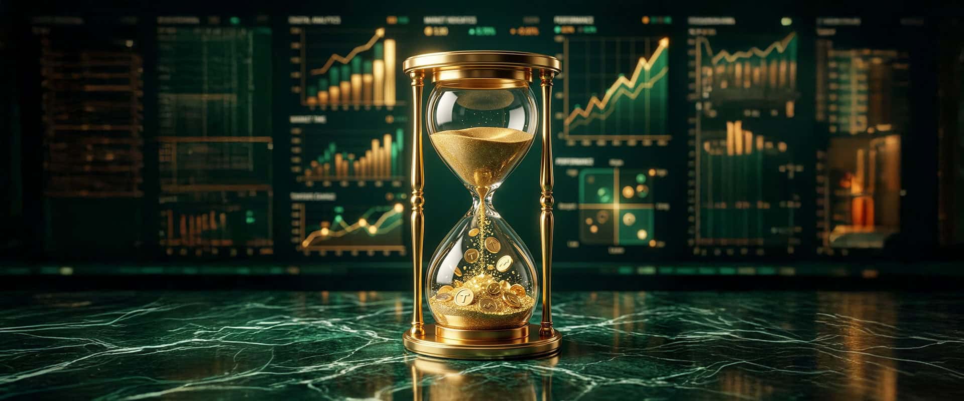 Sanduhr mit Goldsand vor Finanzcharts, symbolisiert Zeit und Kosten.