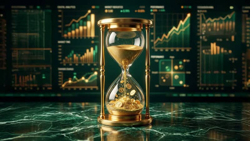 Sanduhr mit Goldsand vor Finanzcharts, symbolisiert Zeit und Kosten.